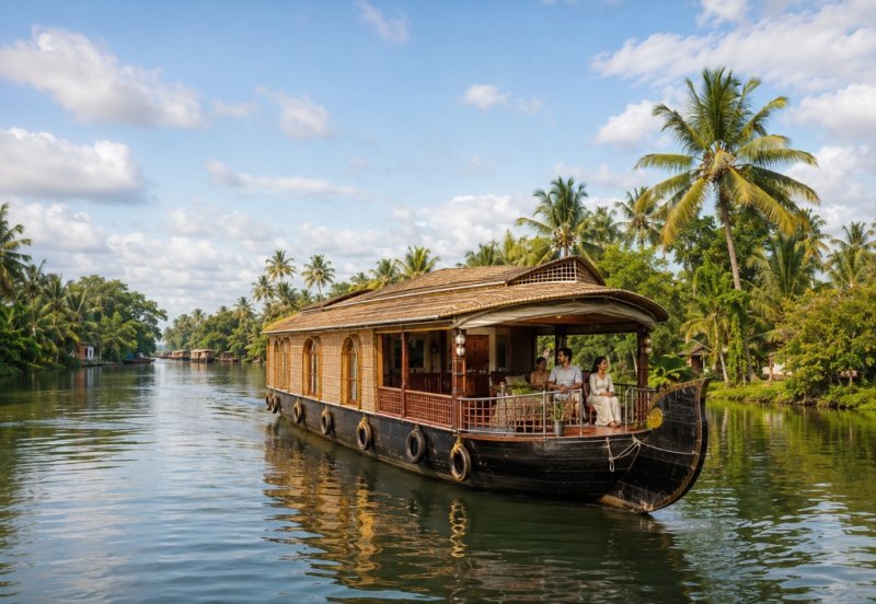Traditional houseboat on Kerala backwaters surrounded by palm trees